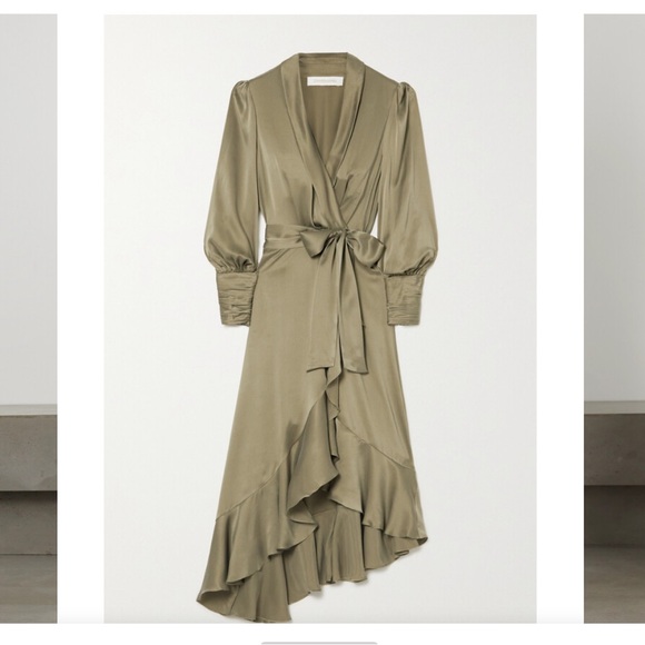 Zimmermann Asymmetric Ruffled Silk-satin Wrap Dress - Green 0P - Picture 2 of 2